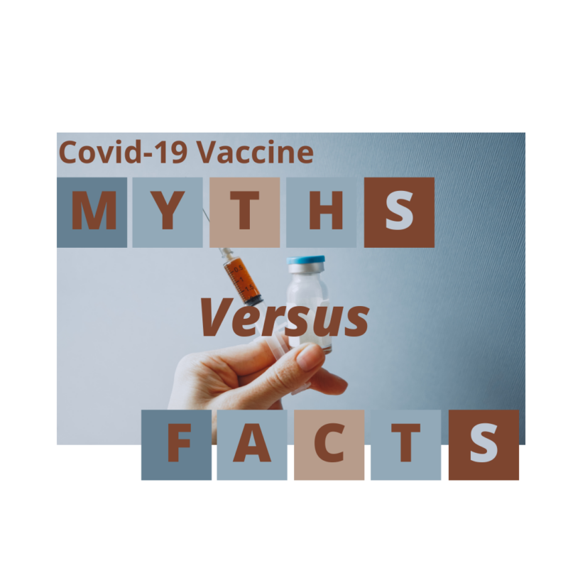 of a Persons hand holding a syringe and a vaccine vile with the words Covid-19 Vaccine Myths versus Facts