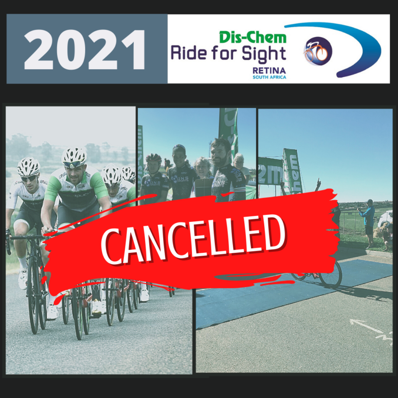 of Cyclists in the Dischem Ride for Sight and the word cancelled across the