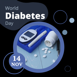 Picture contains the words World Diabetes Day and in the centre a cirlce with a picture of a glucose meter and a pill bottle and the words 14 Nov in a blue circle to the left