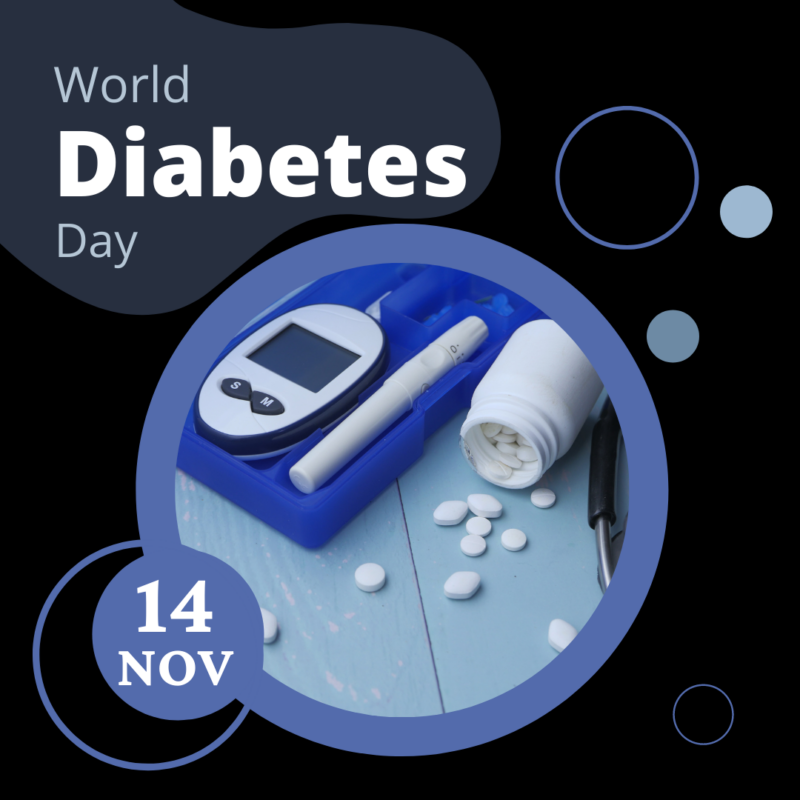 contains the words World Diabetes Day and in the centre a cirlce with a of a glucose meter and a pill bottle and the words 14 Nov in a blue circle to the left