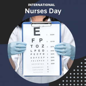 Picture of a nurse holding an eye chart and the Words International Nurses Day above the picture