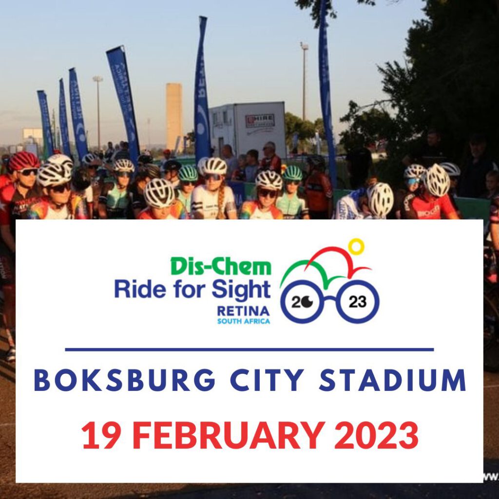 Picture of Cyclists at the starting line of the Dis-Chem Ride for Sight with a block with the Dis-Chem Ride for Sight Logo and the words Boksburg City Stadium and 19 February 2023