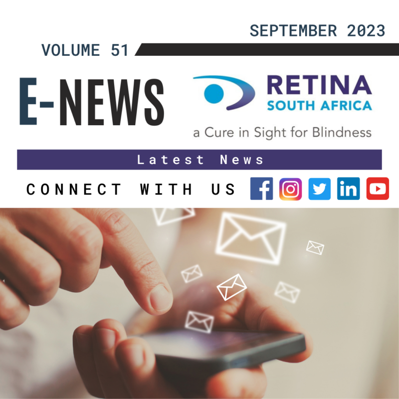Text ENews and the Retina Logo with the words connect with us displayed underneath and the icons of facebook, instagram, twitter, LinkedIn and YouTube with a of a man about to touch is cellphone