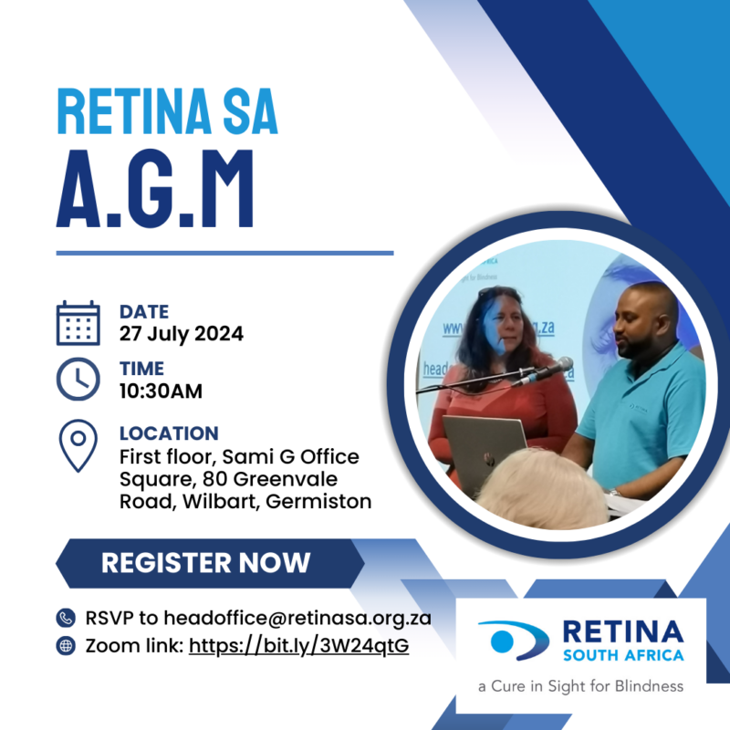 Digital flyer for the “RETINA SA A.G.M.” event. There is an of Manny Moodley & Mariza Jurgens, the flyer design features a blue and white colour scheme and includes the Retina SA Logo