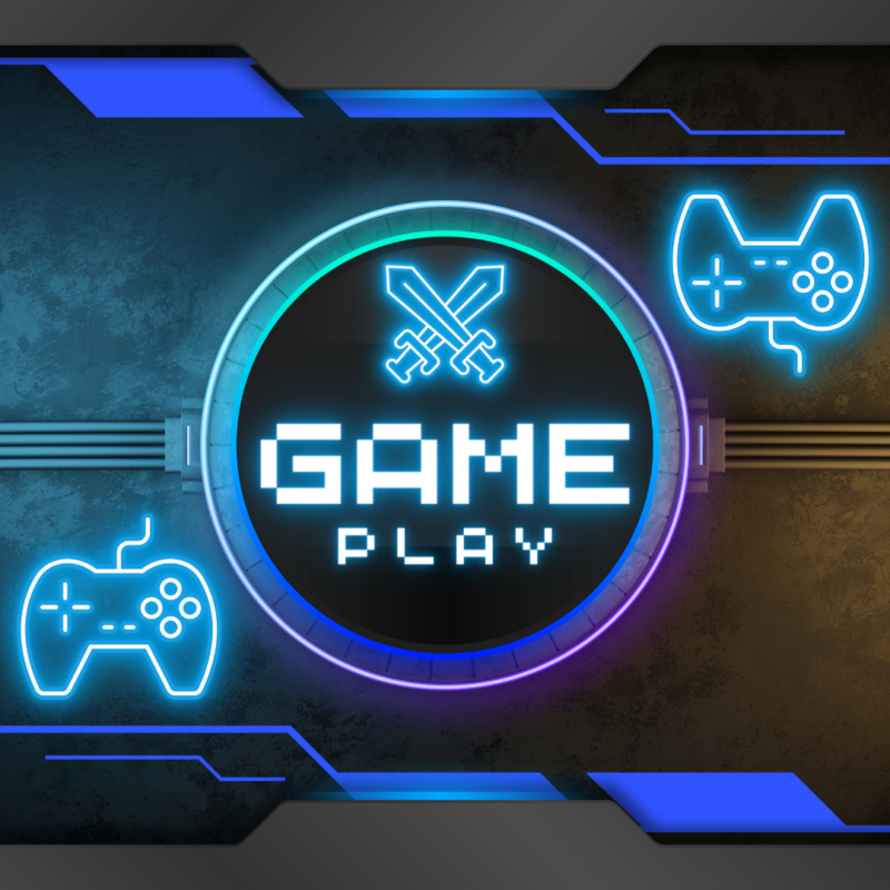 A neon sign with the words “GAME PLAY” in capital letters, centered within a circular frame. The sign is illuminated in blue and white tones, creating a glowing effect against a dark background. On the left, two crossed swords above a shield, and on the right, a game controller, both glowing with neon light.