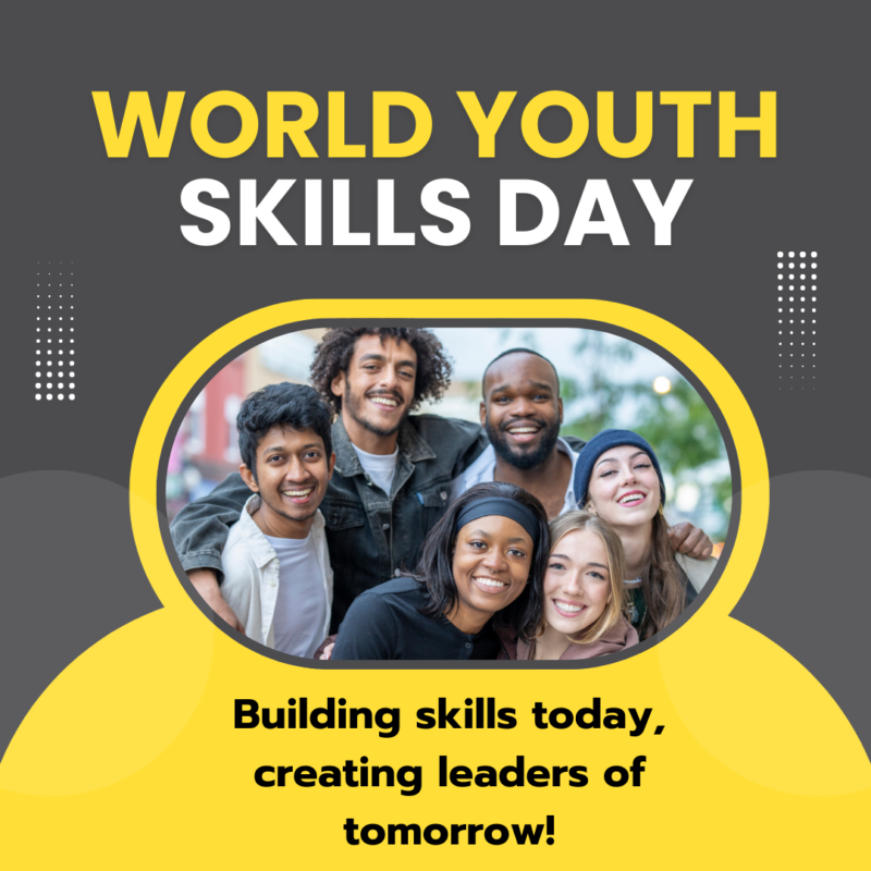 A group of individuals standing closely together, suggesting a sense of community or teamwork. The background is divided into two sections; the upper part shows a blurred crowd, while the lower section is a vibrant yellow with text. At the top of the , in bold white letters against a black background, reads “WORLD YOUTH SKILLS DAY.” Below this title, on the yellow background, additional text states “Building skills today, creating leaders of tomorrow!”