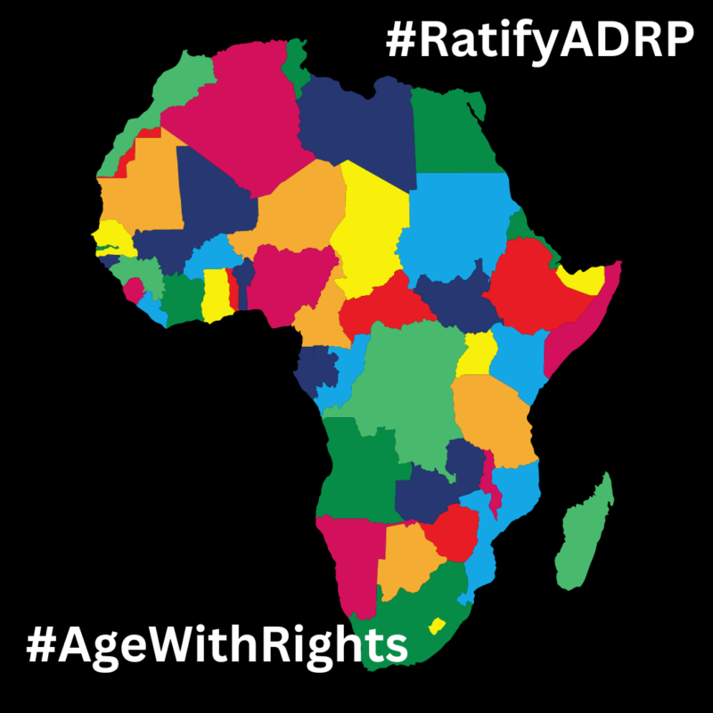 A colorful map of Africa with various countries filled in different bright colors. Overlaid on the map are the hashtags “#RatifyADRP” and “#AgeWithRights.”
