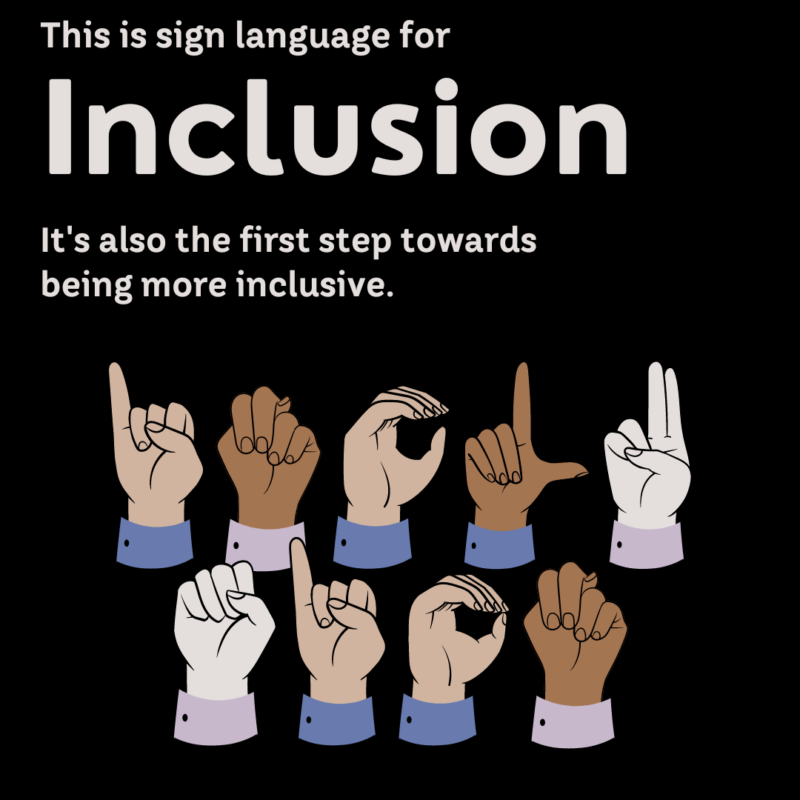 Graphic illustration featuring nine diverse hands performing sign language against a dark background. The signs spell “inclusion.” Above, white text reads, “This is sign language for Inclusion. It’s also the first step towards being more inclusive.”