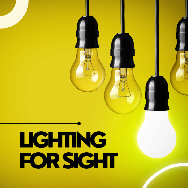 Four hanging light bulbs against a yellow background with the text 'Lighting for Sight