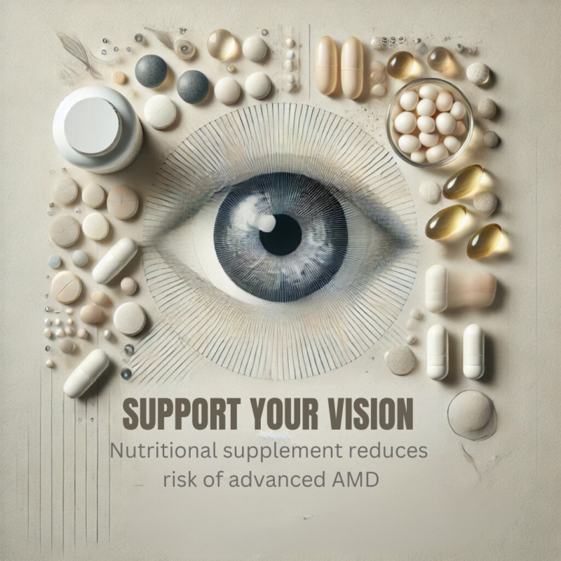 An showcasing various nutritional supplements, including capsules, tablets, and soft gels, arranged in an organized pattern. At the center, an abstract eye design symbolizes vision health, radiating lines that suggest focus and clarity. Below are the words Support Your Vision and Nutritional supplement reduces risk of advanced AMD.