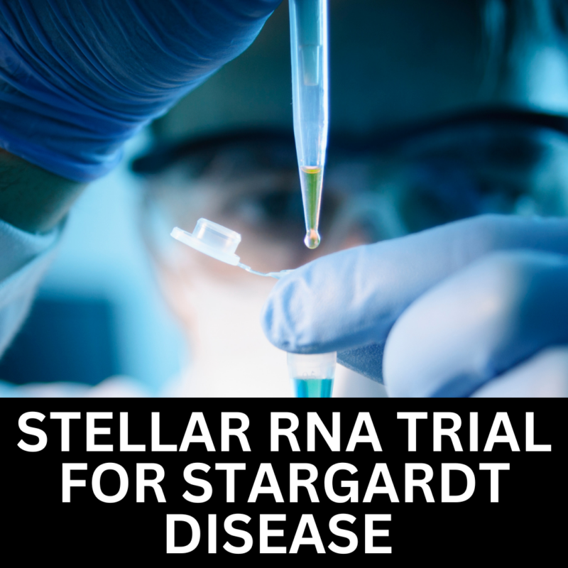 Close-up of a scientist's hands in blue gloves using a pipette to transfer liquid into a small vial, set against a blurred laboratory background. The text overlay reads 'STELLAN RNA TRIAL FOR STARGARDT DISEASE' in bold white letters on a black background at the bottom of the