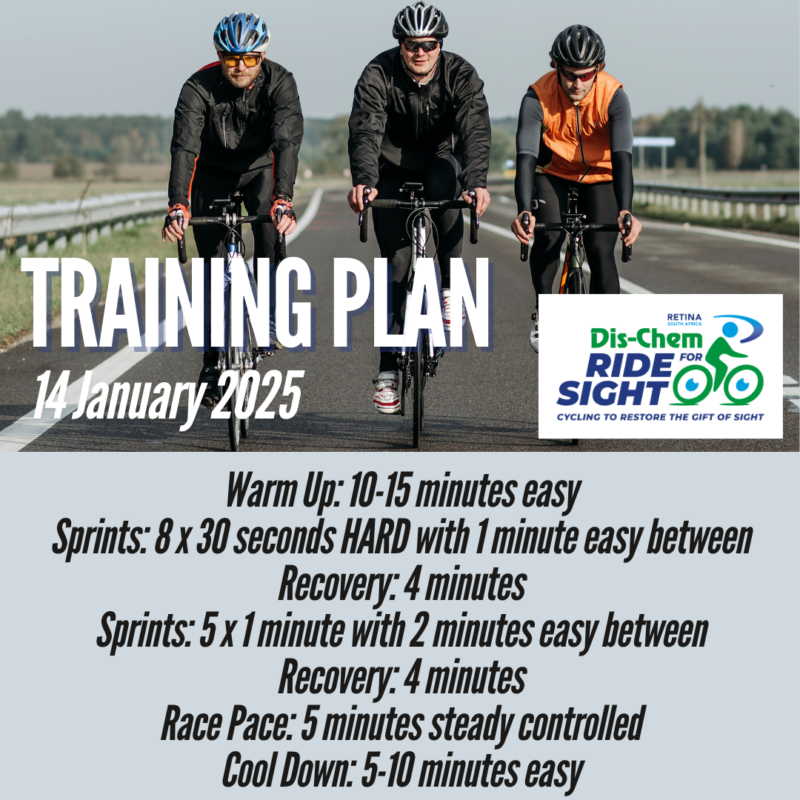 Three cyclists on a road, with a training plan for January 14, 2025, overlayed. It includes warm-up, sprints, recovery, race pace, and cool-down, alongside the 'Dis-Chem Ride for Sight' logo.