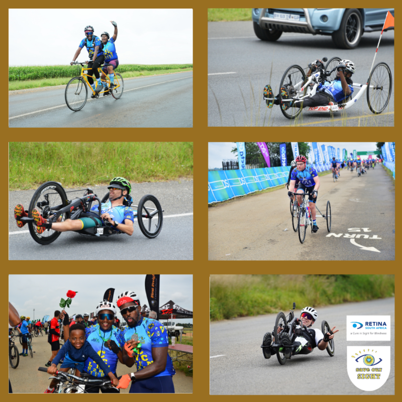 The is a collage featuring six photos from the Dis-Chem Ride for Sight event. The top left shows two cyclists on a tandem bike riding along a road. The top right highlights a cyclist using a handcycle, with a car visible in the background. The middle left displays another cyclist using a handcycle, reclining as they move along the road.