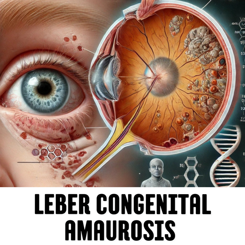 The depicts a medical illustration of Leber Congenital Amaurosis (LCA), a rare genetic disorder affecting the retina, leading to severe vision impairment or blindness from infancy. It includes a detailed cross-section of the eye, showing retinal degeneration, and elements suggesting a genetic basis (DNA strands and molecular structures).