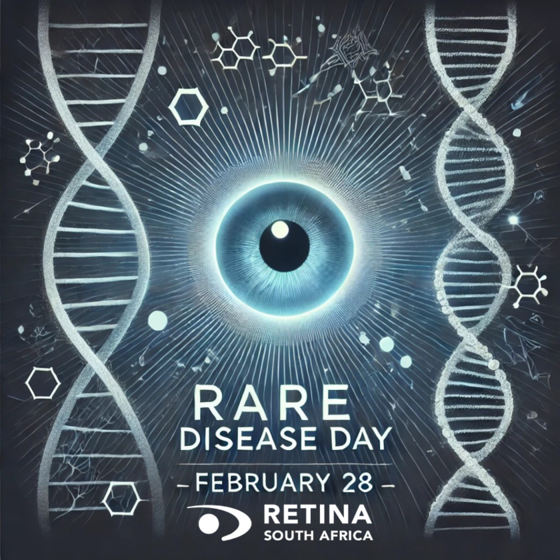 An eye with radiating lines centered between two DNA strands, with chemical structures in the background. Text reads 'Rare Disease Day - February 28 - Retina South Africa.