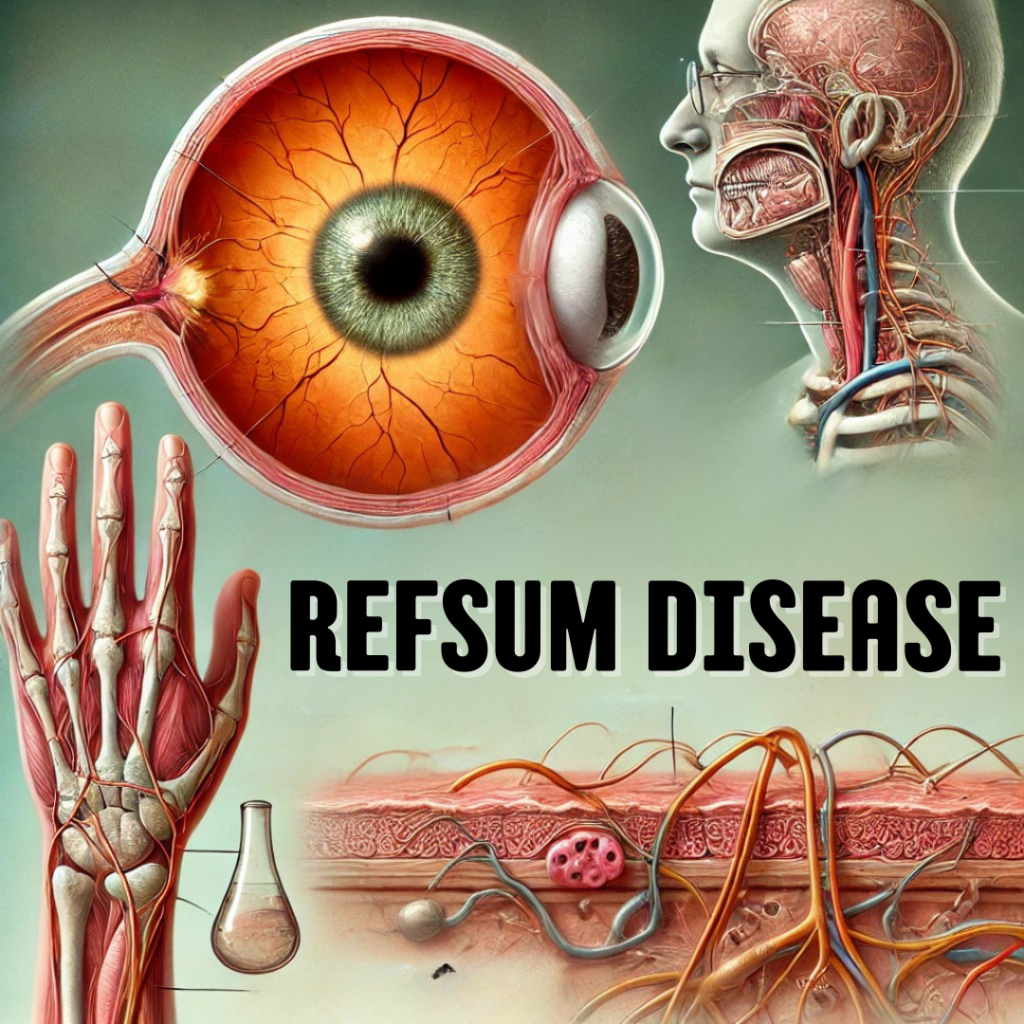 An illustration showing various body parts affected by Refsum Disease. Detailed anatomical drawings include an eye, a hand, part of the neck and upper chest, and a cross-section of skin with nerves and blood vessels. The text 'REFSUM DISEASE' is prominently displayed in the centre.