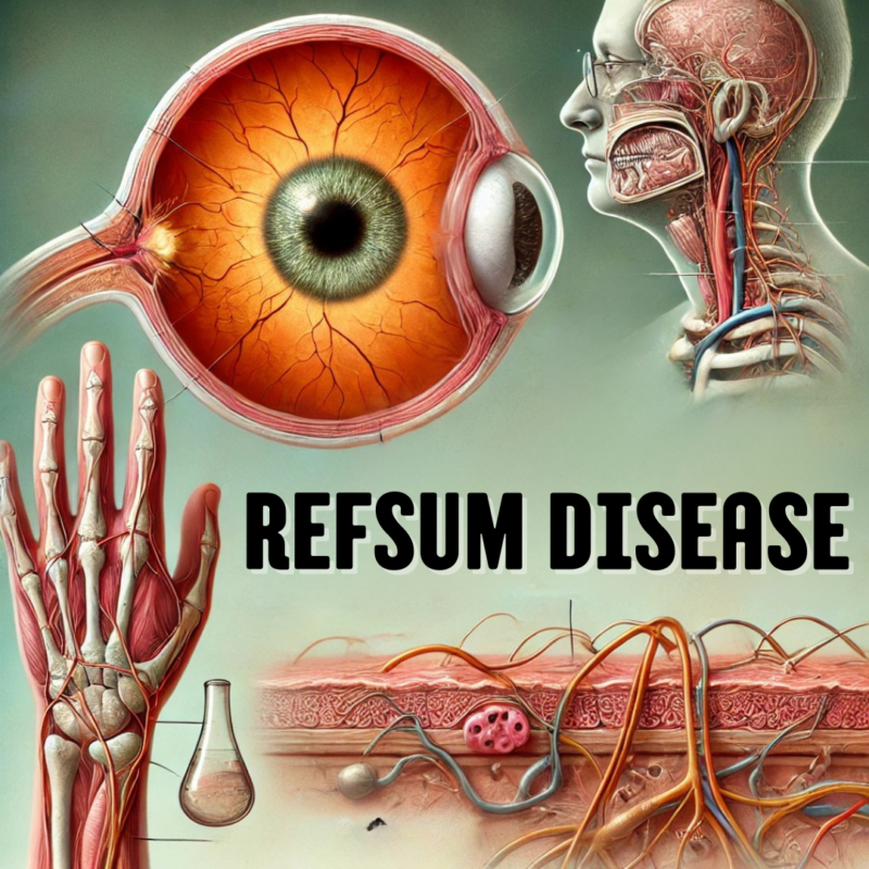 An illustration showing various body parts affected by Refsum Disease. Detailed anatomical drawings include an eye, a hand, part of the neck and upper chest, and a cross-section of skin with nerves and blood vessels. The text 'REFSUM DISEASE' is prominently displayed in the centre.