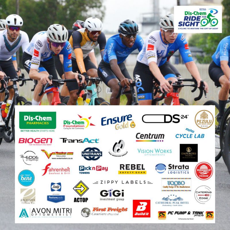 Cyclists in a competitive road race, wearing helmets and colorful jerseys, participate in the Dis-Chem Ride for Sight event. A large overlay at the bottom of the showcases various sponsor logos