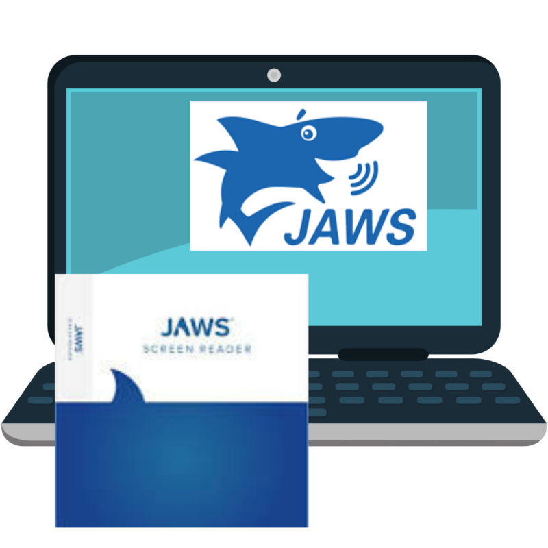 The contains a laptop displaying the JAWS screen reader logo, which features a stylized shark and the word "JAWS" in blue text. Additionally, there is a software package in the foreground with the same branding, labelled "JAWS Screen Reader.