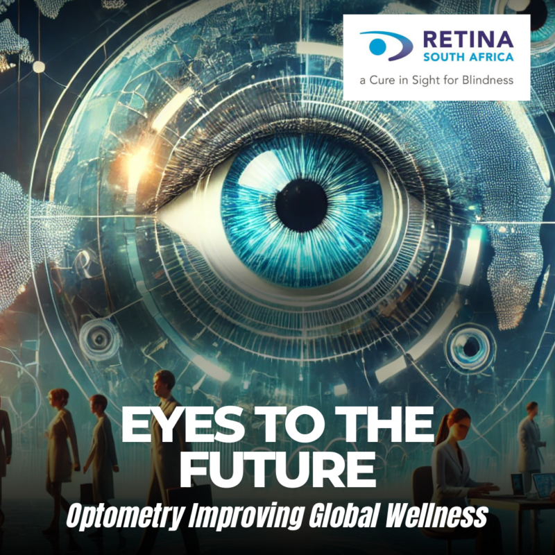 A futuristic of a blue eye with digital tech elements, a world map, and researchers in lab coats. Text reads: 'EYES TO THE FUTURE – Optometry Improving Global Wellness.' The 'RETINA SOUTH AFRICA' logo appears with the tagline 'A Cure in Sight for Blindness.