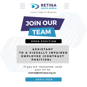 Job advertisement from Retina South Africa. The header reads 'Join Our Team.' Below, it states there is an open position for 'Assistant to a Visually Impaired Employee (Contract Position).
