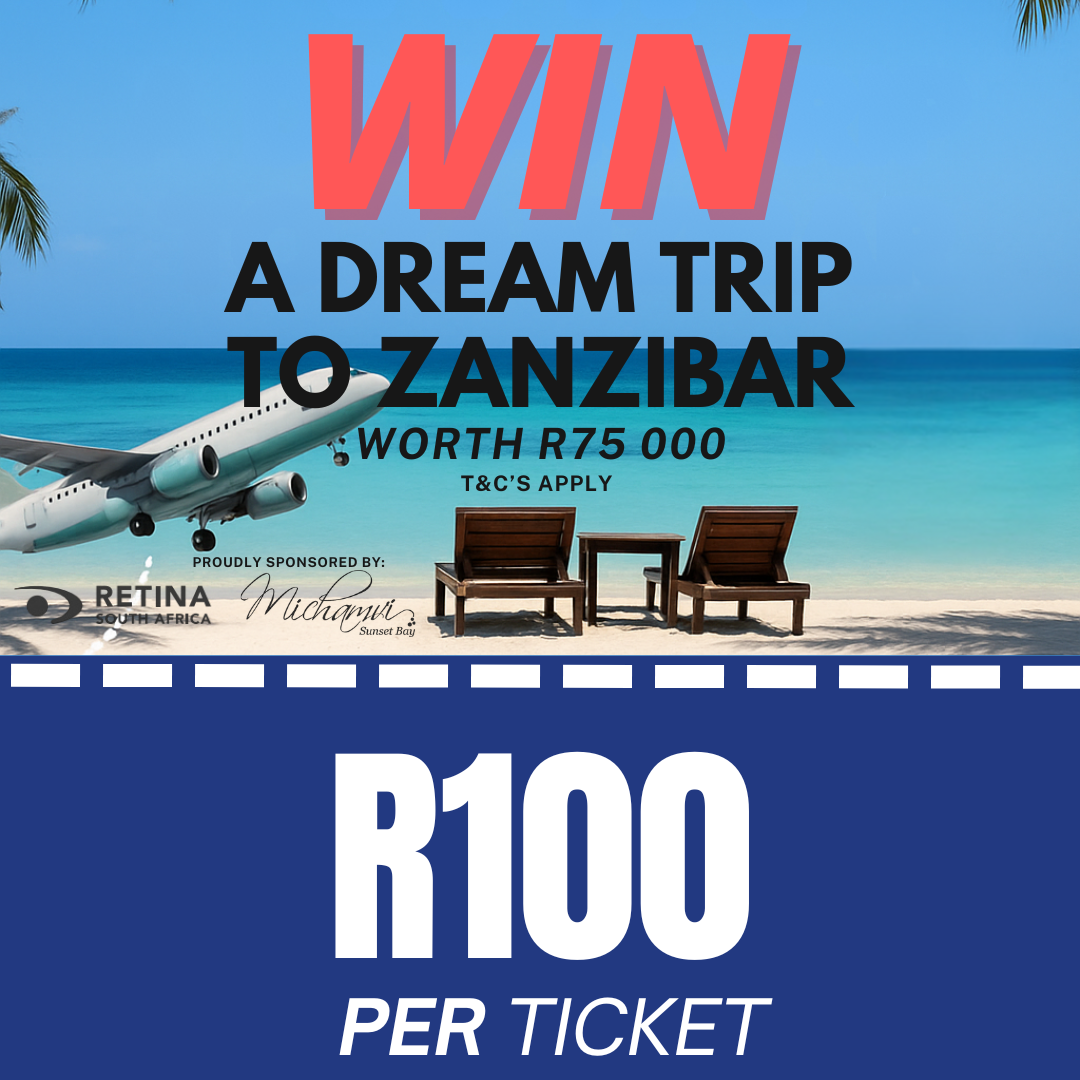 Image promoting Retina South Africa’s Zanzibar raffle. Tropical beach with palm trees and text: “Win a Luxury Zanzibar Escape – R100 per ticket.” Includes prize details and Retina SA branding.