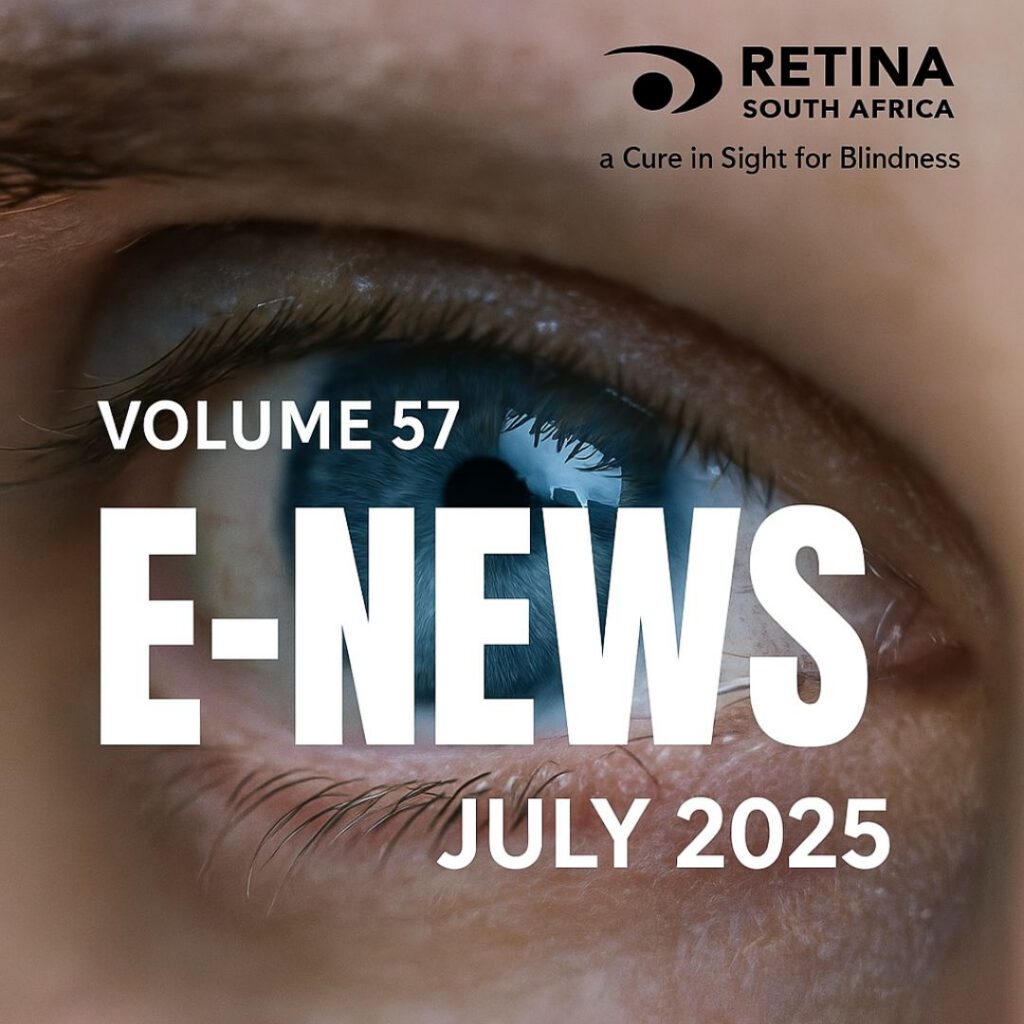 Close-up of a human eye with visible eyelashes and reflections in the iris. Text overlaid reads 'E-NEWS | JULY 2025 | VOLUME 57'