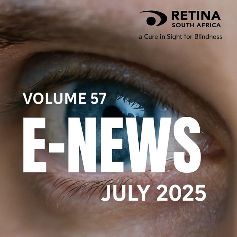 Close-up of a human eye with visible eyelashes and reflections in the iris. Text overlaid reads 'E-NEWS | JULY 2025 | VOLUME 57'