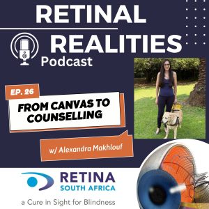 The video shows a blue background with podcast branding on the left and a photo of Alexandra on the right. She is standing outdoors with a guide dog, wearing dark sunglasses and a navy outfit. The Retina SA logo appears at the bottom.