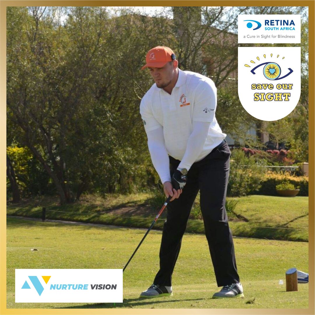 Manie wearing a white long-sleeve golf shirt and orange cap is preparing to swing on a sunny course. Logos for Retina South Africa, Save Our Sight, and Nurture Vision appear in the image, promoting eye health awareness