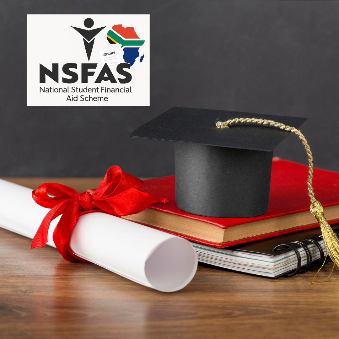 A graduation cap, rolled diploma with a red ribbon, red book, and spiral notebook rest on a wooden surface, symbolizing academic achievement. In the background, the NSFAS logo appears with the text “National Student Financial Aid Scheme,” an outline of the African continent, and a paper labeled “Bursary,” representing financial support for South African students.