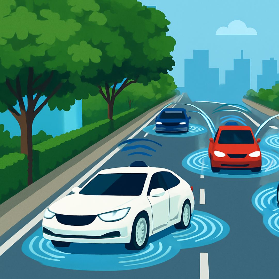 Illustration of a smart South African roadway with three autonomous cars emitting blue radar-like waves and curved lines to show vehicle-to-vehicle communication. The cars are driving in coordinated lanes surrounded by green trees, with a city skyline in the background, symbolizing intelligent transport and inclusive mobility