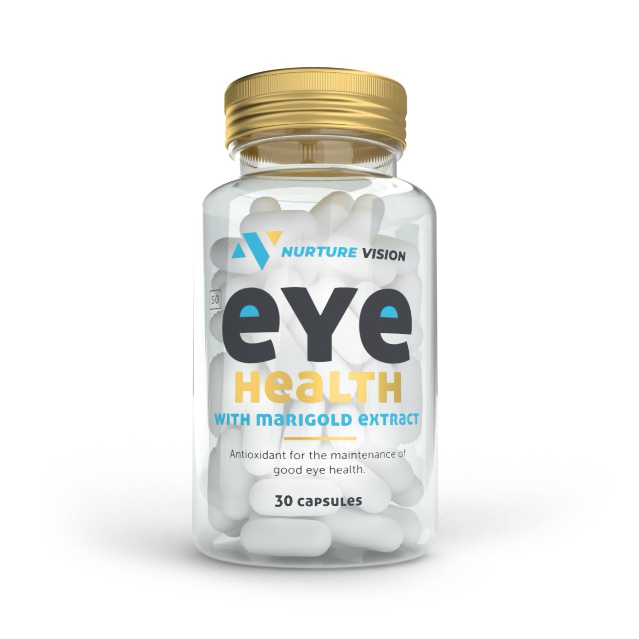 Clear plastic bottle with gold cap containing white capsules. The label reads 'Nurture Vision Eye Health with Marigold Extract – Antioxidant for the maintenance of good eye health. 30 capsules.