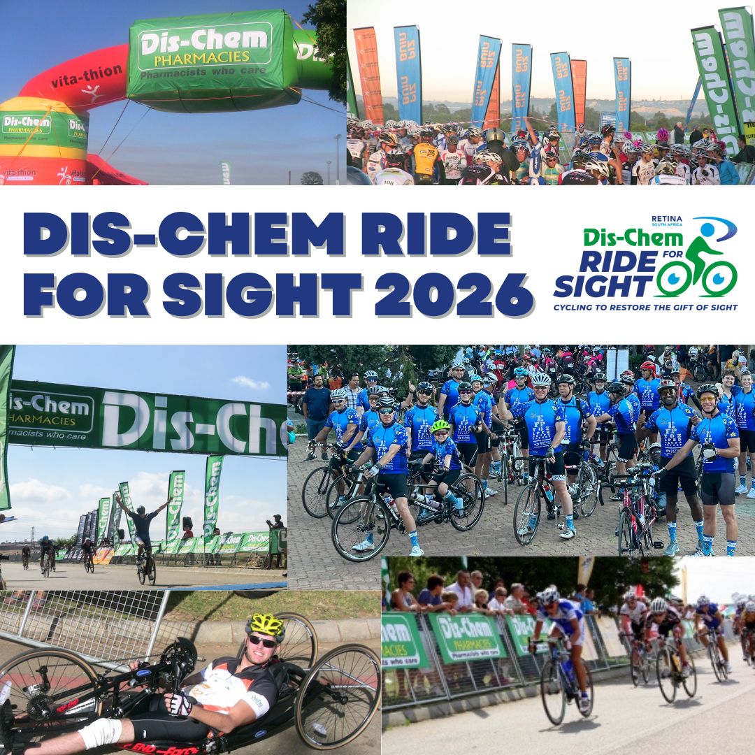 Promotional collage for the Dis-Chem Ride for Sight 2026 event, featuring cyclists at the start line and riding in groups. Banners for Dis-Chem Pharmacies and Retina South Africa appear throughout, with bold central text reading “Dis-Chem Ride for Sight 2026 – Cycling to Restore the Gift of Sight.”