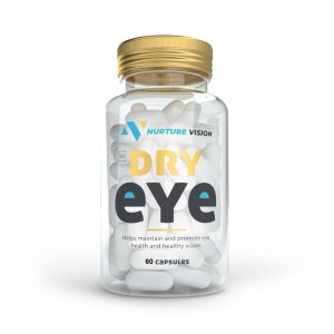 Bottle of Nurture Vision Dry Eye capsules with a gold cap. The label reads ‘Dry Eye’ and mentions that the product helps maintain and promote eye health and healthy vision. The bottle contains 60 capsules.