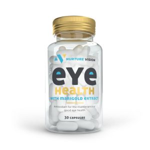 Bottle of Nurture Vision Eye Health capsules with marigold extract. The label highlights antioxidant support for maintaining good eye health and indicates 30 capsules inside.