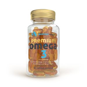 Bottle of Nurture Vision Premium Omega-3 softgel capsules with a gold cap. The label highlights Omega-3 as a source of fatty acids for maintaining good health and indicates 50 softgel capsules inside