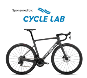 Picture of the Orbea Bike with the words Sponsored by Cycle Lab above it