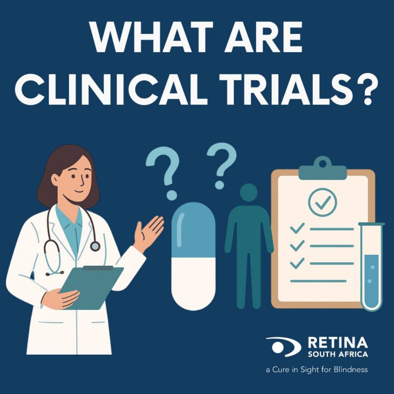 Informative graphic titled “WHAT ARE CLINICAL TRIALS?” featuring a female doctor with a clipboard, a large pill with question marks, a human silhouette, a checklist, and a test tube. Includes the Retina South Africa logo and tagline “a Cure in Sight for Blindness,” highlighting the role of clinical trials in medical research for vision loss