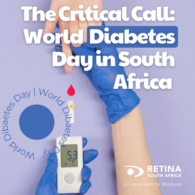 Promotional for World Diabetes Day. A person wearing blue medical gloves uses a glucose meter to check another person's blood sugar level, which reads 5.3. A red drop of blood is visible above the tested finger. In the background, a circular graphic repeats the phrase “World Diabetes Day” around a central blue dot. Main text reads “The Critical Call: World Diabetes Day in South Africa.” Retina SA logo appears in the bottom right corner