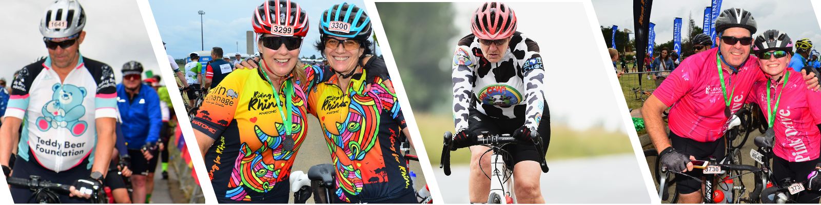 Collage of cyclists participating in a charity cycling event, wearing colorful jerseys representing different organizations, including Teddy Bear Foundation, Riding for Rhinos, and other charity causes. Some cyclists are shown riding on the road, while others pose with medals at the finish line.