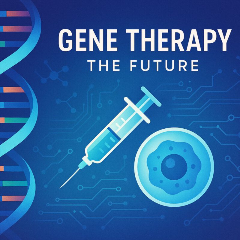 An illustrated graphic showing a large blue DNA double helix on the left, a glowing syringe in the center, and a stylized cell on the right. The background is dark blue with subtle molecular and circuit‑like patterns. Bold white text at the top reads “Gene Therapy – The Future.