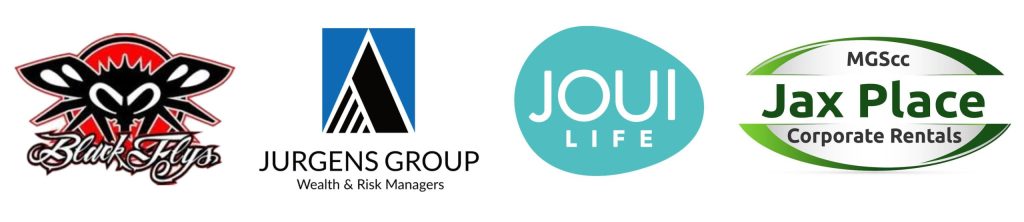 Sponsor logos for Black Flys, Jurgens Group, Joui Life and Jax Place