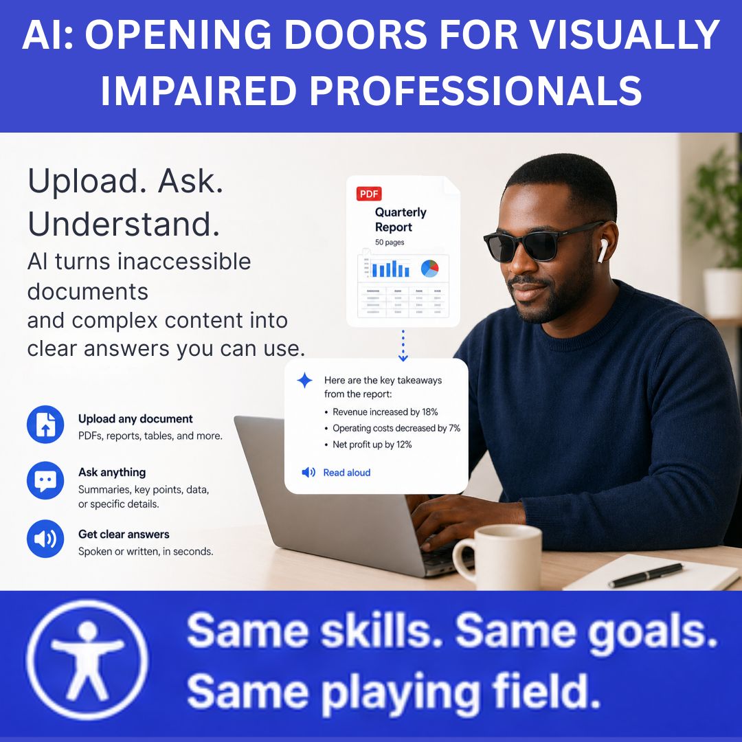 Promotional graphic about AI accessibility with the headline ‘AI: Opening Doors for Visually Impaired Professionals.’ The image shows a person using a laptop, alongside text explaining features such as uploading documents, asking questions, and getting clear answers. A sample report summary is displayed on screen with a ‘read aloud’ option. The bottom banner reads: ‘Same skills. Same goals. Same playing field.’
