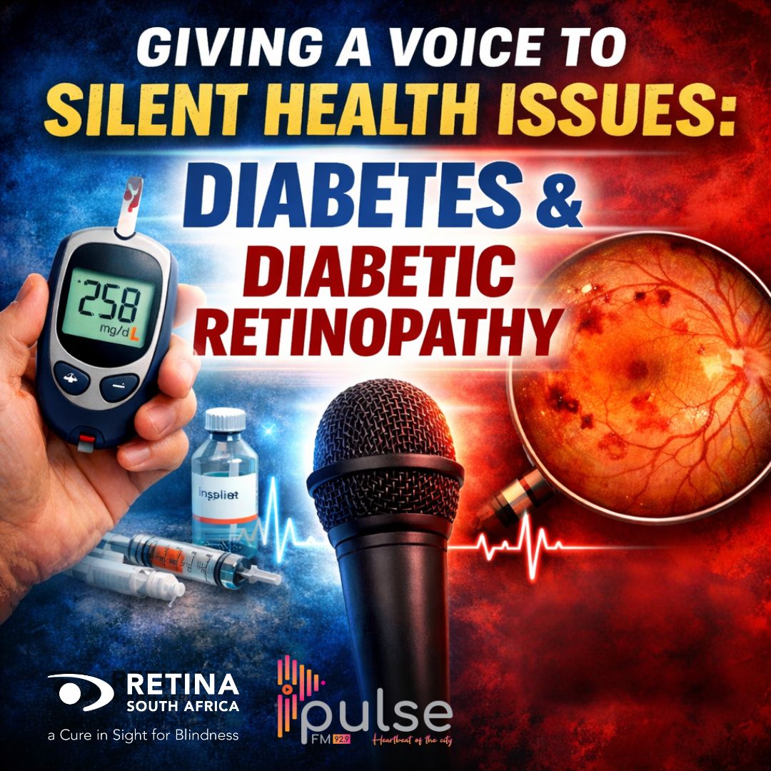 Graphic highlighting diabetes and diabetic retinopathy, showing a blood glucose meter, insulin syringe and vial, a microphone, and an eye affected by retinopathy, with the headline “Giving a voice to silent health issues
