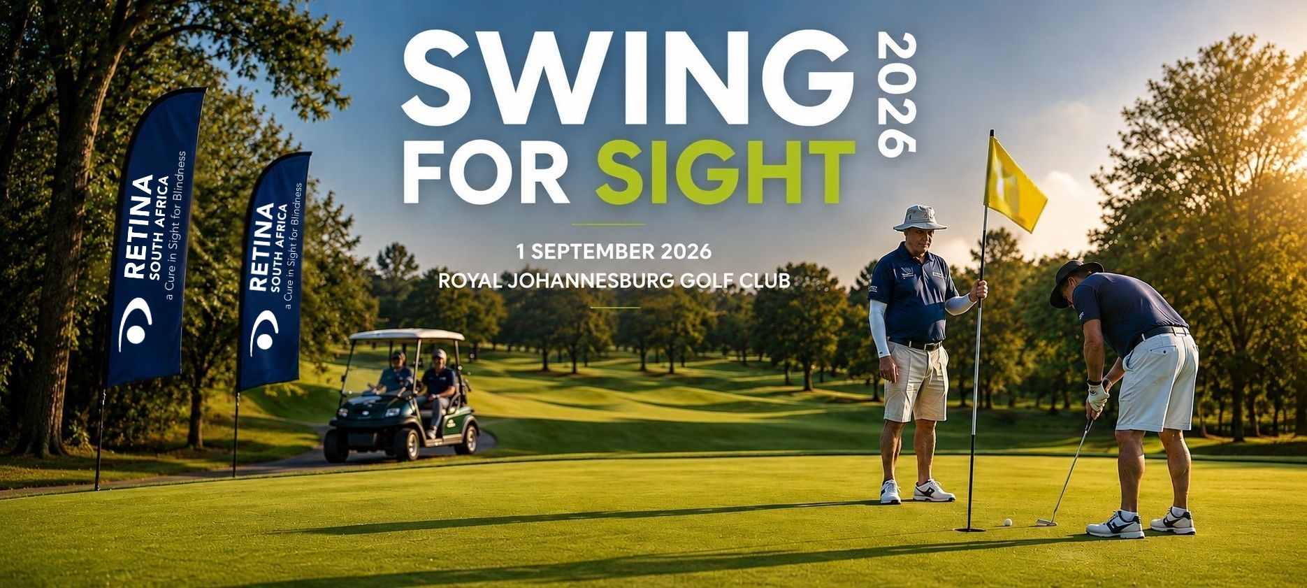 Swing for Sight 2026 poster - 1 September 2026 at the Royal Johannesburg Golf Club. One person putting toward the hole and another holding the flag getting ready to allow the ball into the hole
