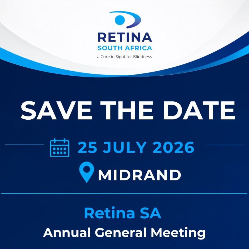 Blue and white graphic with the Retina South Africa logo and the text “Save the Date.” Event details read “25 July 2026” and “Midrand,” followed by “Retina SA Annual General Meeting.”
