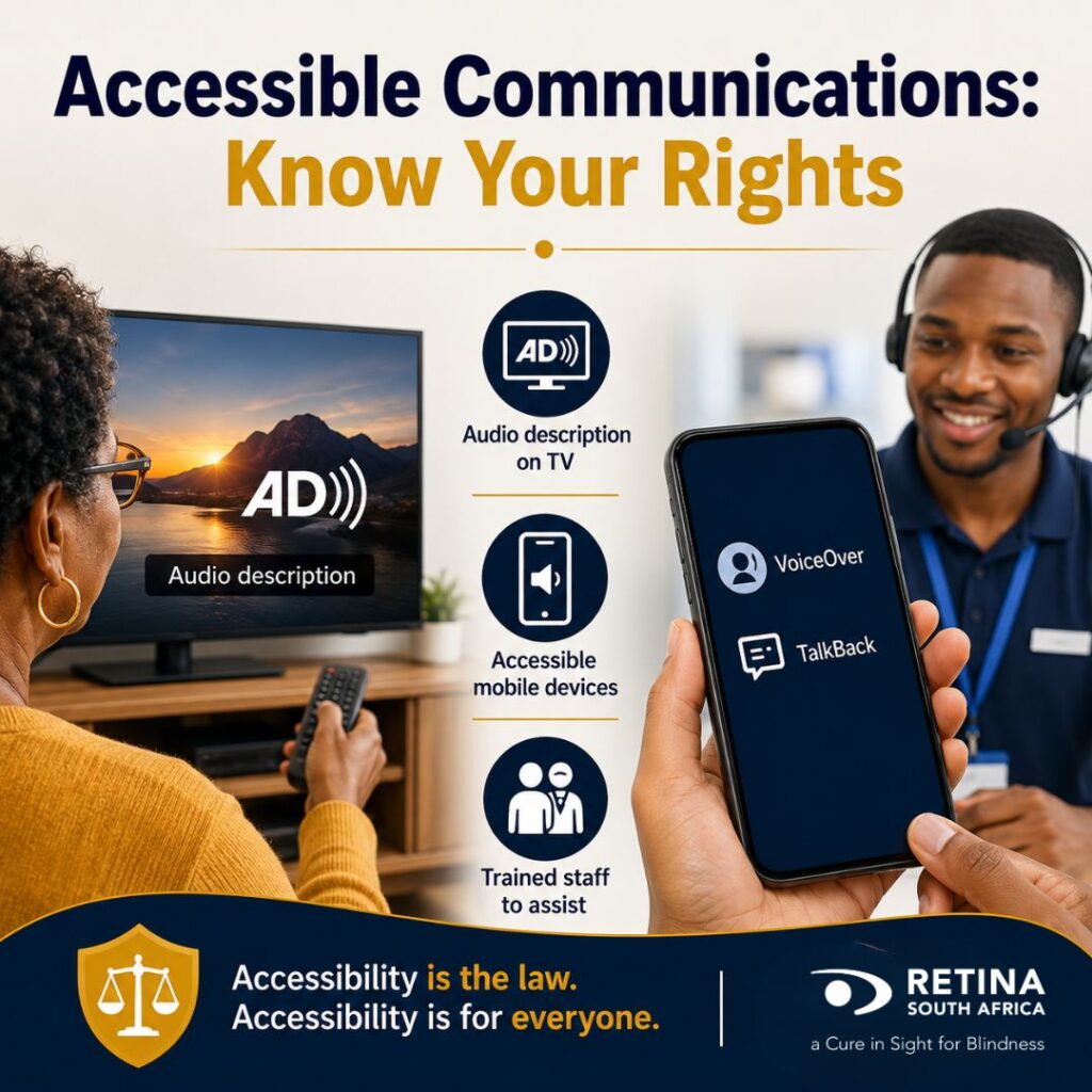Graphic titled “Accessible Communications: Know Your Rights” showing a person using a remote to watch TV with “audio description,” and a hand holding a smartphone displaying “VoiceOver” and “TalkBack.” Icons highlight audio description on TV, accessible mobile devices, and trained staff, with the message “Accessibility is the law. Accessibility is for everyone,” from Retina South Afric