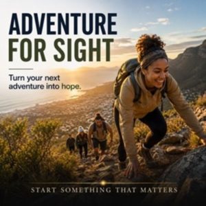 A group of people hiking up a rocky mountain trail at sunset, with a smiling woman in the foreground carrying a backpack, and the text: Adventure for Sight — Turn your next adventure into hope. Start Something That Matters.