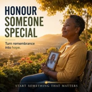 A woman sitting on a bench outdoors, holding a framed photograph and gazing thoughtfully into the distance in warm golden sunlight, with the text: Honour Someone Special — Turn remembrance into hope. Start Something That Matters.